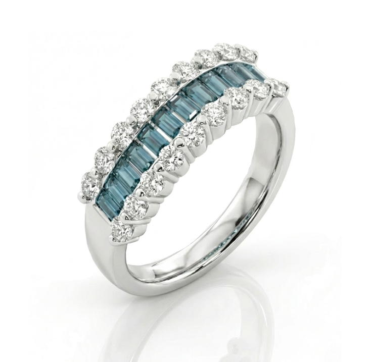 Blue & White Diamond Band | 1.40 ctw | 14K White Gold | Baguette & Round Diamond Ring - Brownee Jewelers