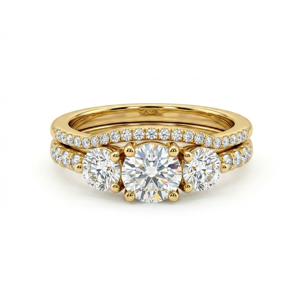 Round Diamond Bridal Set | 14K Yellow Gold | Three-Stone Diamond Engagement Ring Set | Pavé Matching Band - Brownee Jewelers