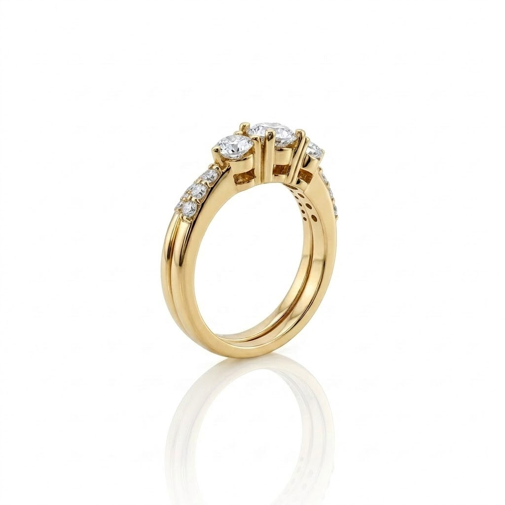 Round Diamond Bridal Set | 14K Yellow Gold | Three-Stone Diamond Engagement Ring Set | Pavé Matching Band - Brownee Jewelers