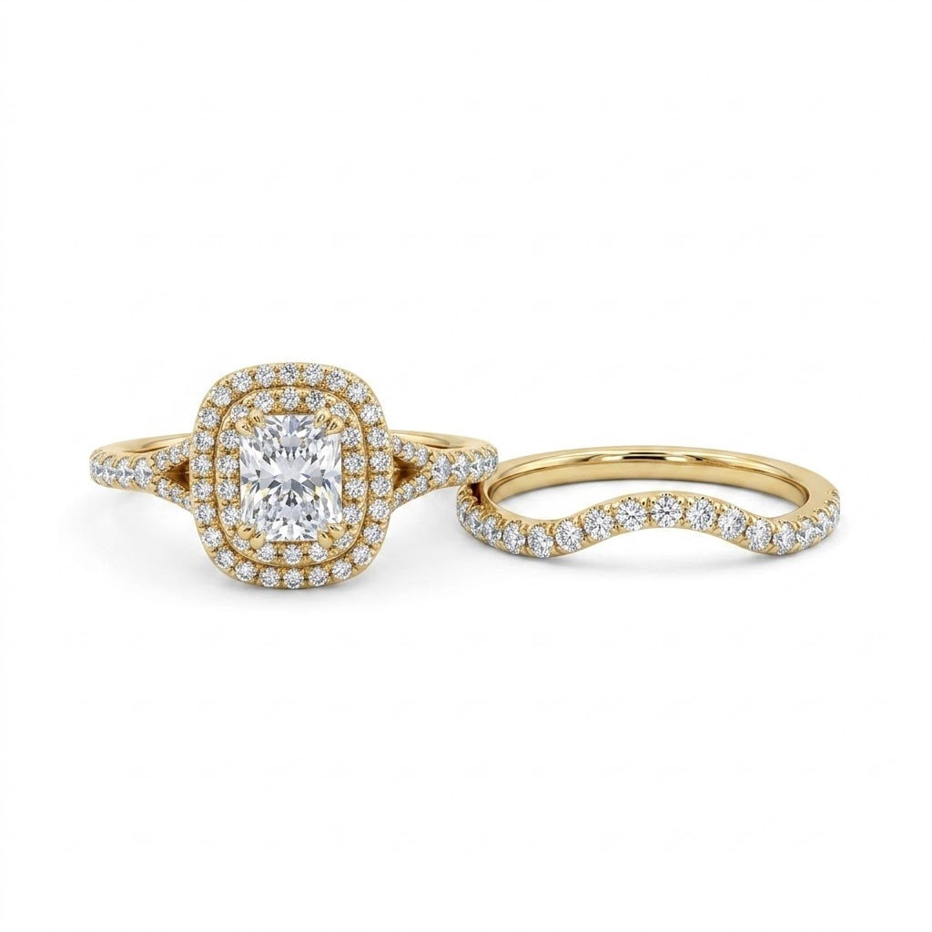 Cushion Cut Diamond Bridal Set | 14K Yellow Gold | Double Halo Diamond Engagement Ring Set | 0.66 CT Center - Brownee Jewelers