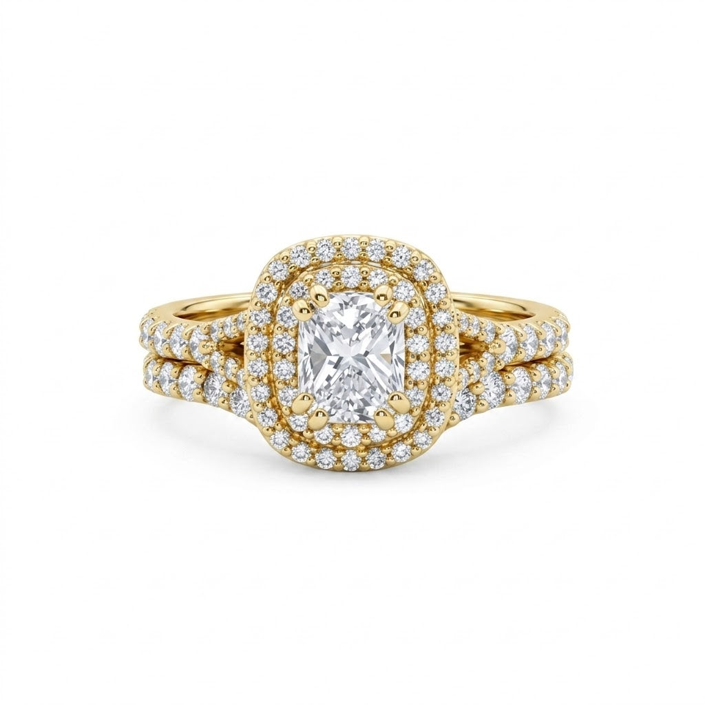 Cushion Cut Diamond Bridal Set | 14K Yellow Gold | Double Halo Diamond Engagement Ring Set | 0.66 CT Center - Brownee Jewelers