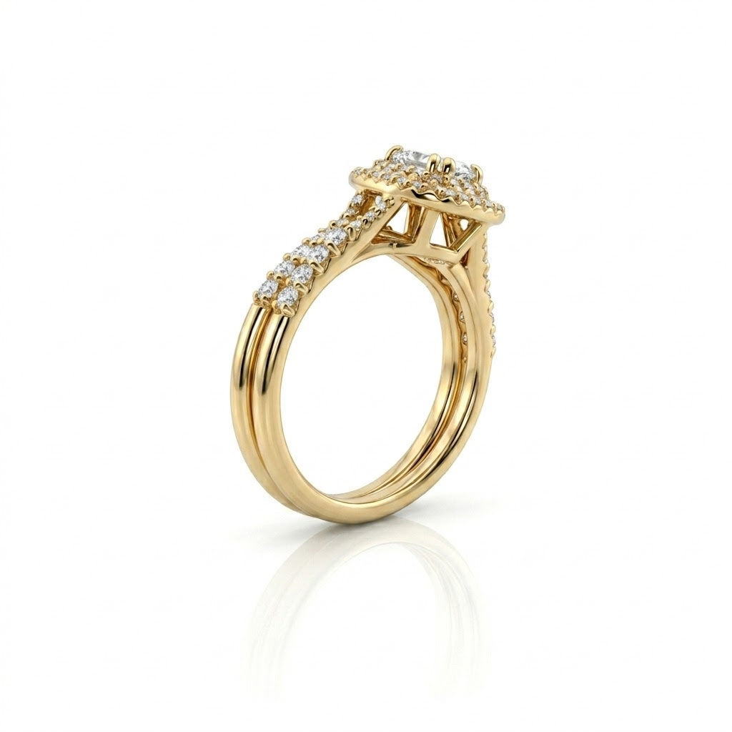 Cushion Cut Diamond Bridal Set | 14K Yellow Gold | Double Halo Diamond Engagement Ring Set | 0.66 CT Center - Brownee Jewelers