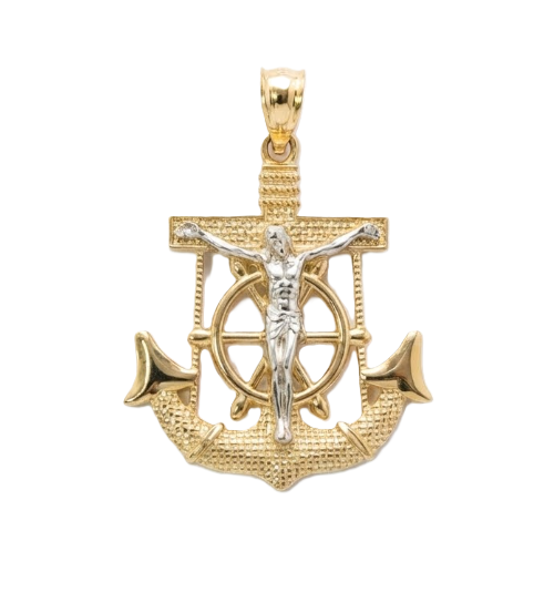10K Two-Tone Gold Cubic Zirconia Crucifix Anchor Pendant | Statement | Necklace - Brownee Jewelers