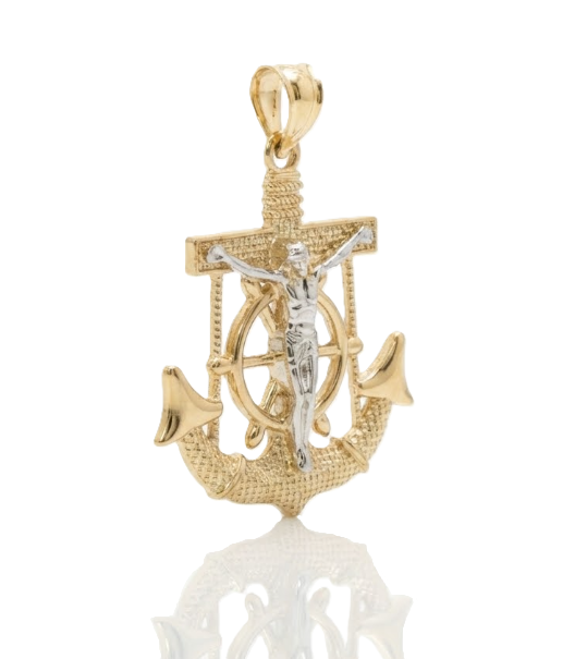 10K Two-Tone Gold Cubic Zirconia Crucifix Anchor Pendant | Statement | Necklace - Brownee Jewelers