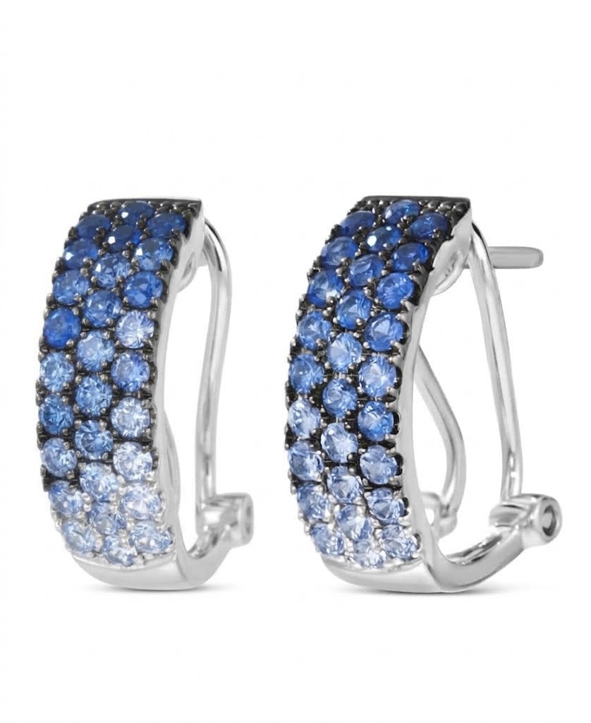 1.20 TOTAL CARAT WEIGHT ROUND DENIM BLUE SAPPHIRE OMBRE PAVE EARRINGS WITH OMEGA BACK IN 14K WHITE GOLD