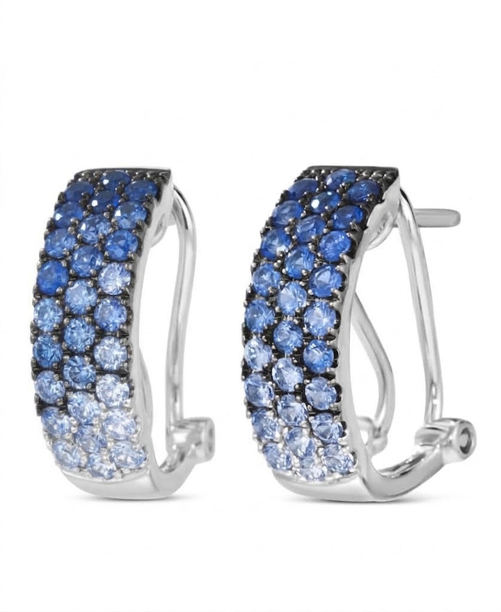 1.20 TOTAL CARAT WEIGHT ROUND DENIM BLUE SAPPHIRE OMBRE PAVE EARRINGS WITH OMEGA BACK IN 14K WHITE GOLD