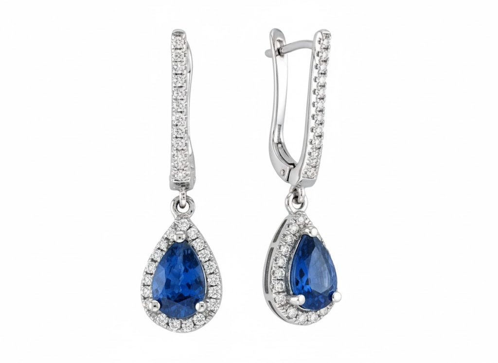 14K White Gold 1.07ct Pear-Shaped Sapphire & .21ct Diamond Dangle Earrings