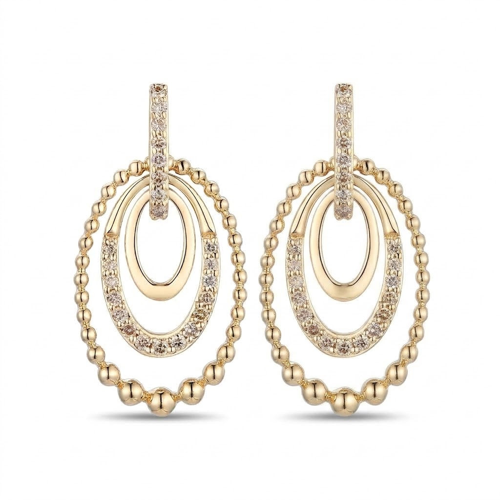 .26 TOTAL CARAT WEIGHT ROUND DIAMOND BEADED 3 OVAL SHAPE DROP EARRINGS IN 14K YELLOW GOLD