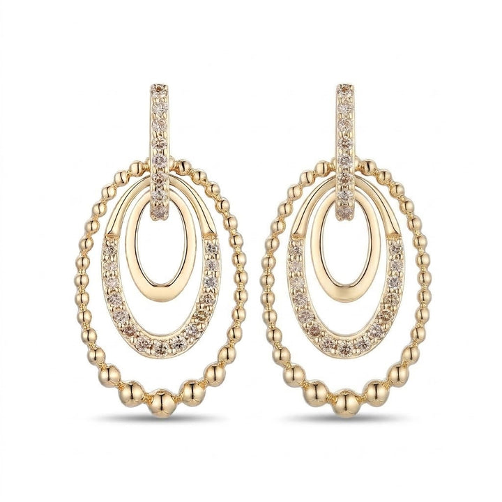 .26 TOTAL CARAT WEIGHT ROUND DIAMOND BEADED 3 OVAL SHAPE DROP EARRINGS IN 14K YELLOW GOLD