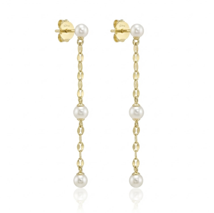 Cultured Pearl Sparkle Chain Drop Earrings | 14K Yellow Gold | Station Pearl Earrings - Brownee Jewelers