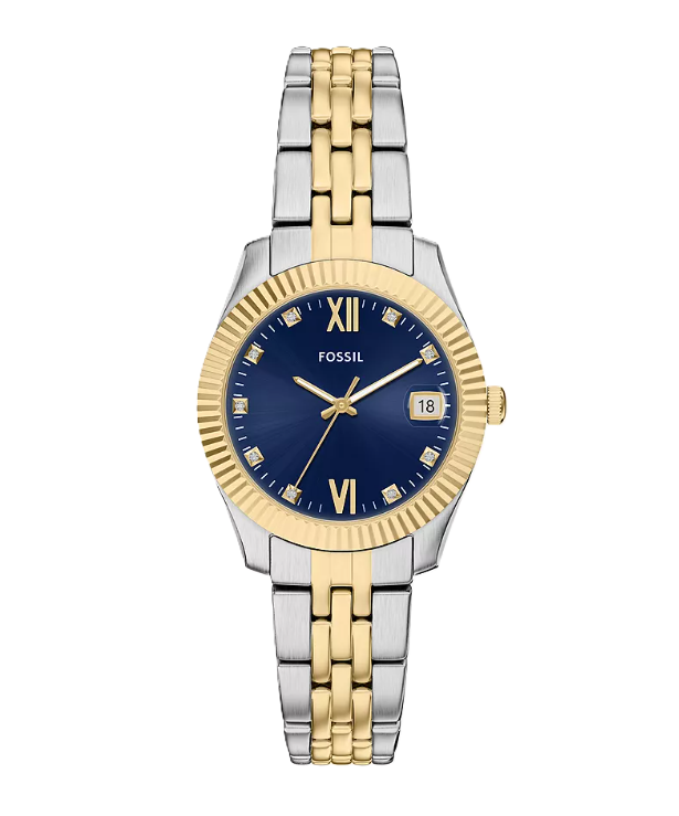 Scarlette Three-Hand Watch | Fossil | Two-Tone Stainless Steel | Dark Blue Dial | Date Display - Brownee Jewelers