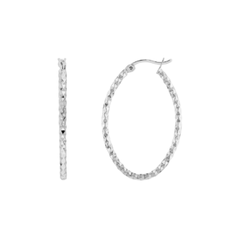 Diamond-Cut Oval Hoop Earrings in Rhodium-Plated Sterling Silver