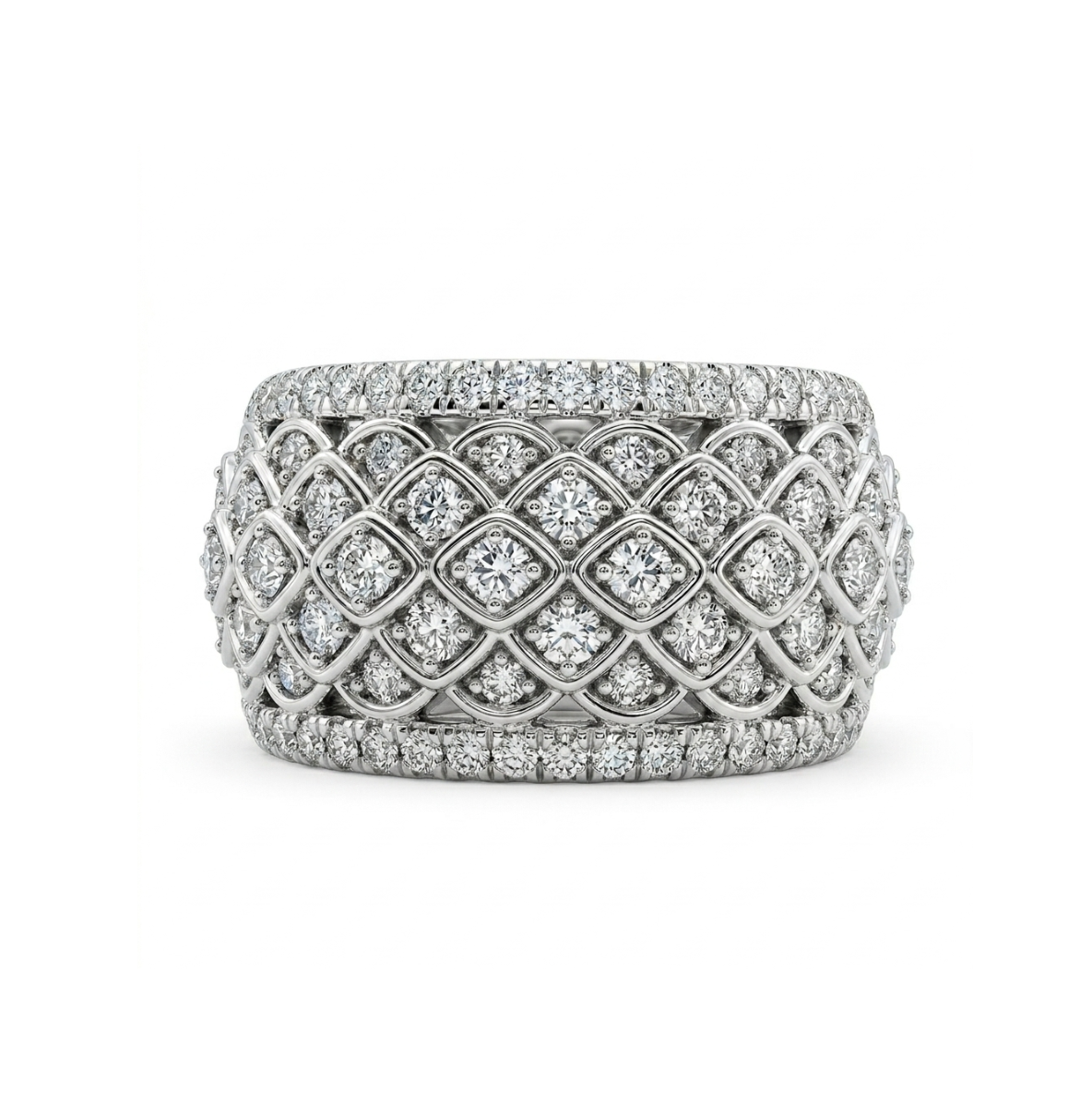 Round Diamond Scale Pattern Wide Band | 10K White Gold | Pavé Diamond Statement Ring - Brownee Jewelers