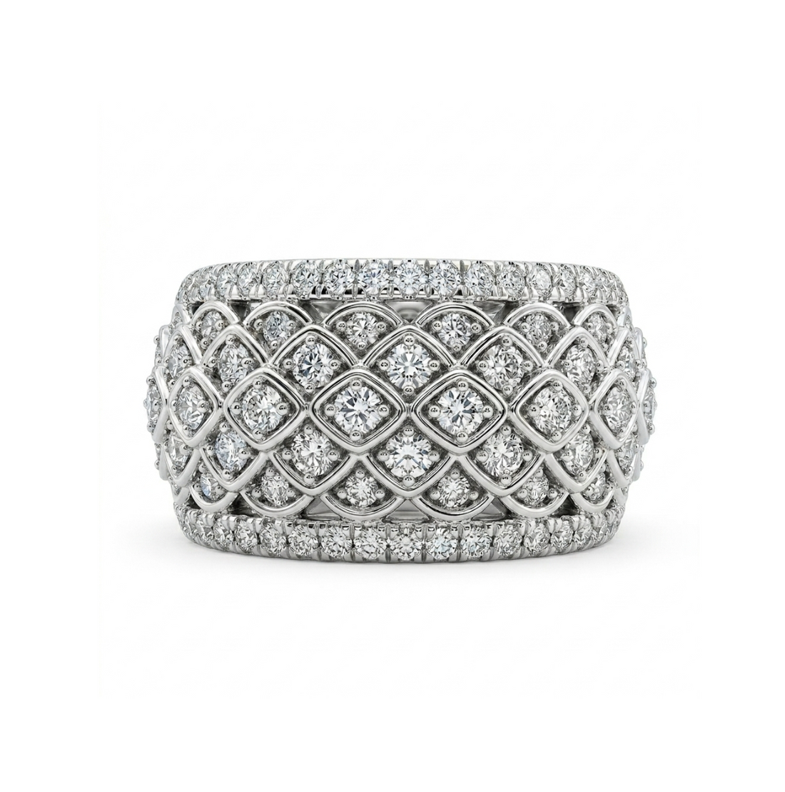 Round Diamond Scale Pattern Wide Band | 10K White Gold | Pavé Diamond Statement Ring - Brownee Jewelers