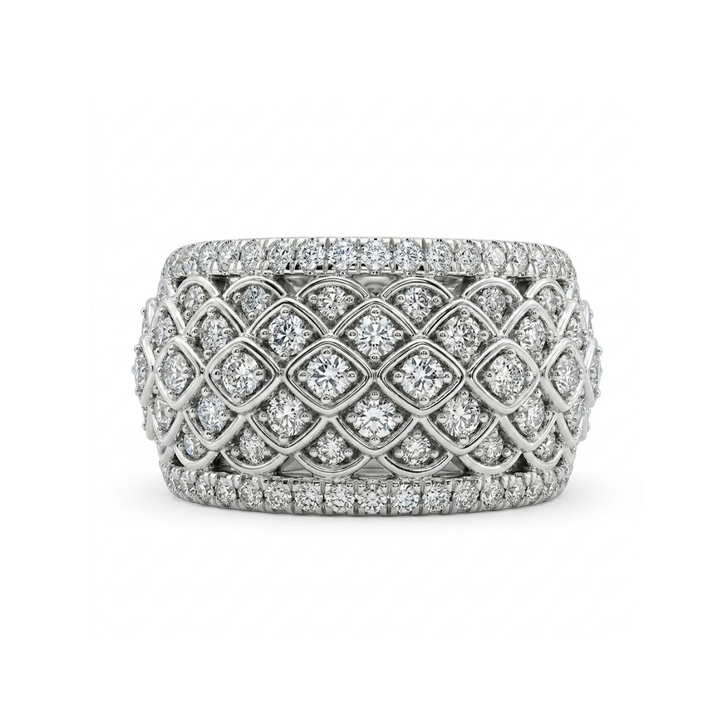 Round Diamond Scale Pattern Wide Band | 10K White Gold | Pavé Diamond Statement Ring - Brownee Jewelers