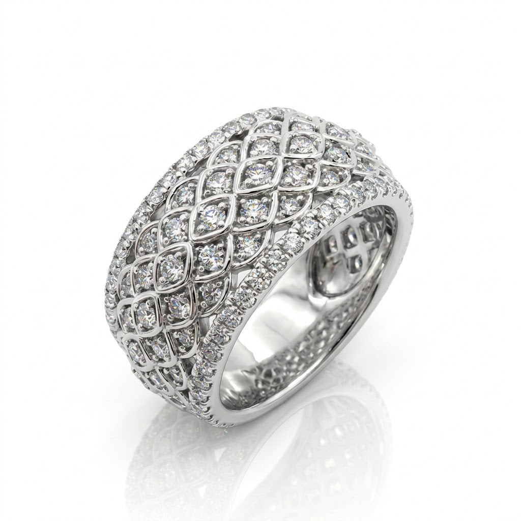 Round Diamond Scale Pattern Wide Band | 10K White Gold | Pavé Diamond Statement Ring - Brownee Jewelers
