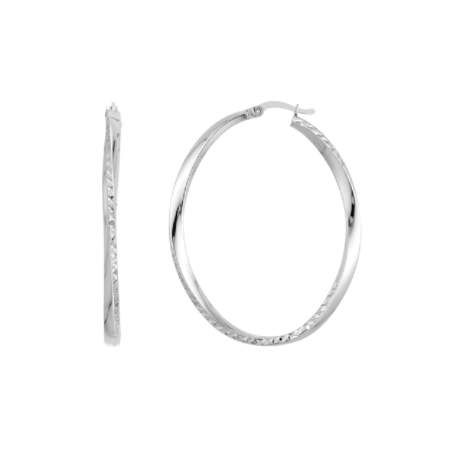 Oval Diamond-Cut Twist Hoop Earrings in Rhodium-Plated Sterling Silver