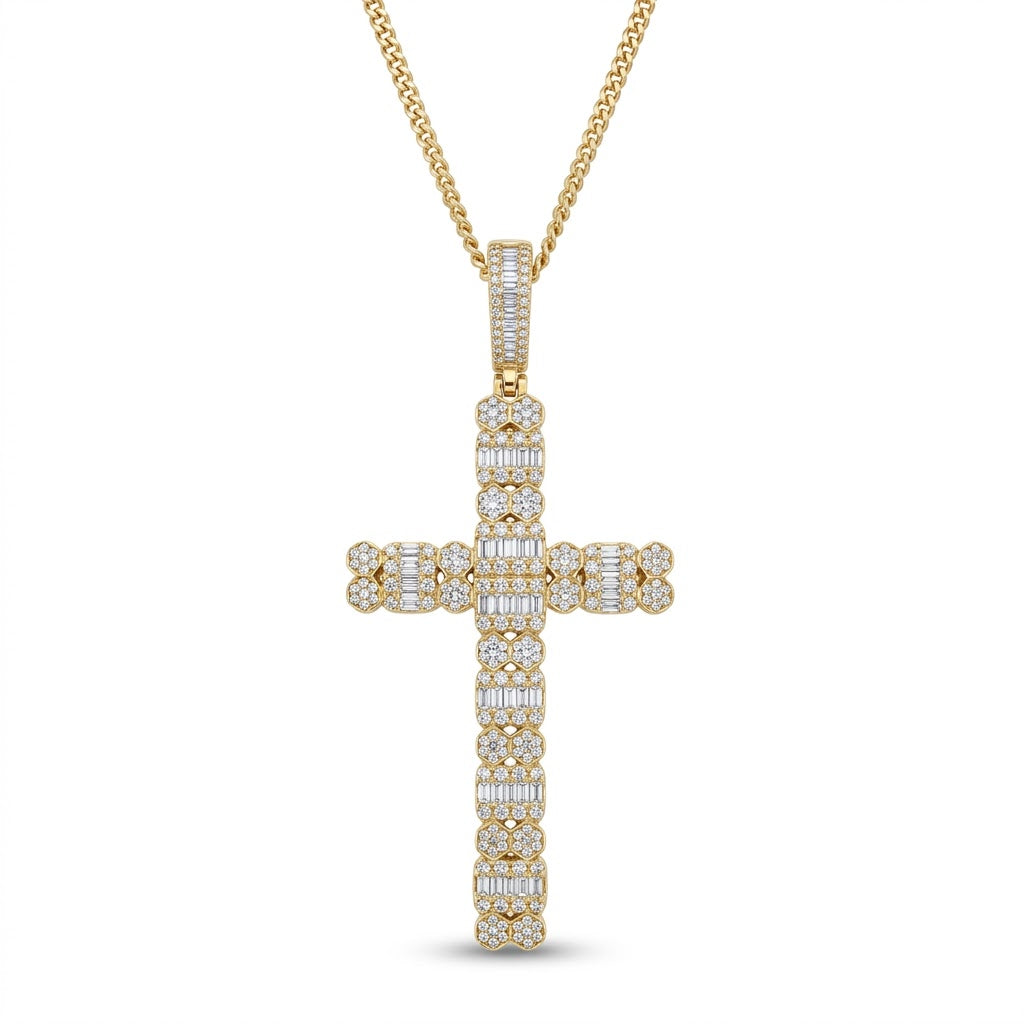 1.49 Carats Round Diamonds Cross Pendant Necklace in 10kt Yellow Gold