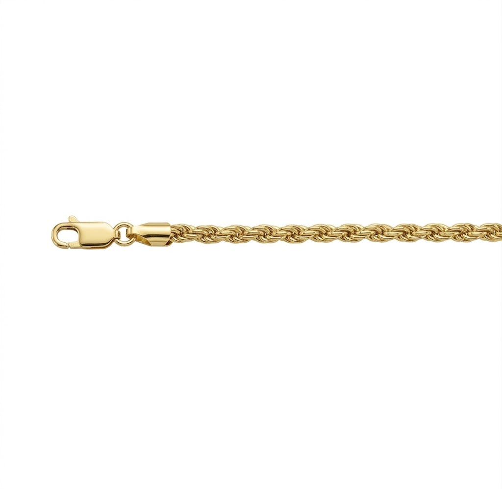 2.7 Millimeter Width and 22 Inch Length Solid Diamond-Cut Rope Chain Necklace in Sterling Silver with an 18K Gold Plating Finish
