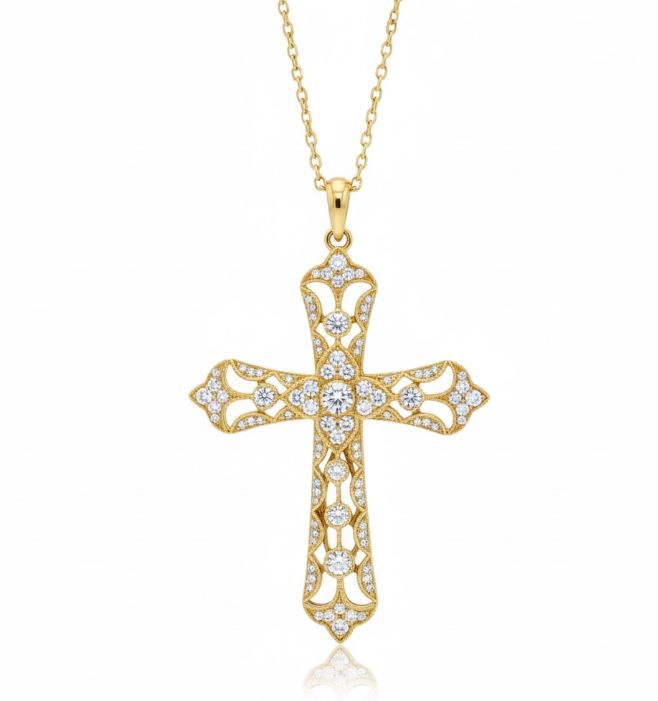 0.95 ctw Round Diamond Cross Necklace | 14K Yellow Gold | Pavé & Bezel Set | Ornate Design - Brownee Jewelers