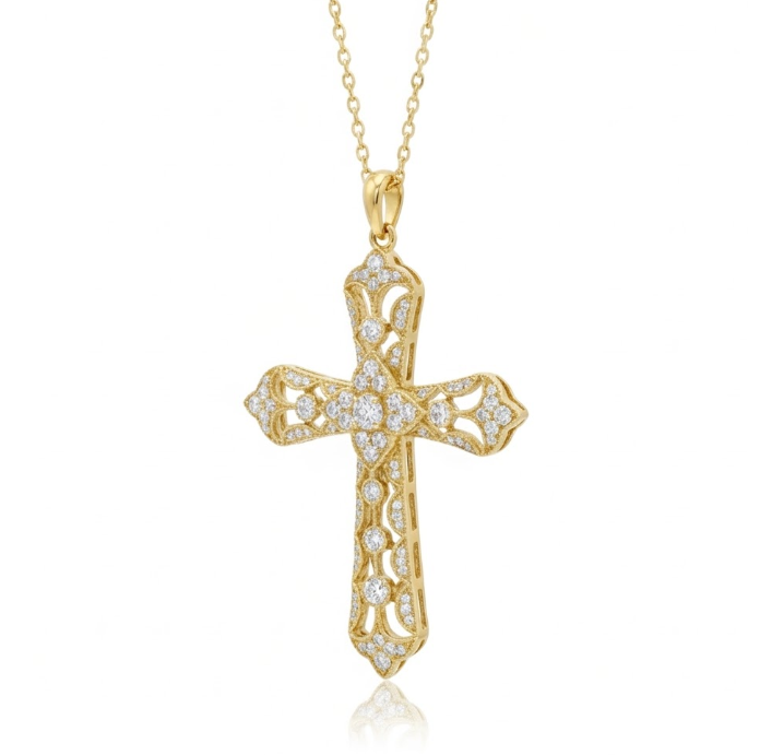 0.95 ctw Round Diamond Cross Necklace | 14K Yellow Gold | Pavé & Bezel Set | Ornate Design - Brownee Jewelers