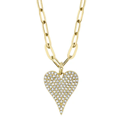 Diamond Pavé Heart Paperclip Necklace | 14K Yellow Gold | Round Diamonds | 18" - Brownee Jewelers