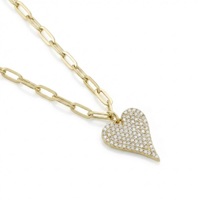 Diamond Pavé Heart Paperclip Necklace | 14K Yellow Gold | Round Diamonds | 18" - Brownee Jewelers