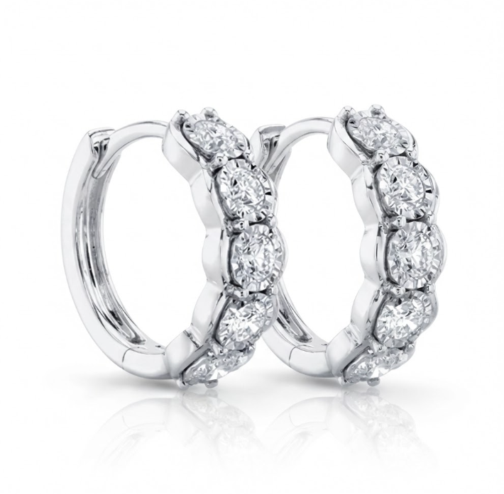 Diamond Huggie Earrings | 14K White Gold | 0.60 ctw | Hinged Hoop Earrings - Brownee Jewelers