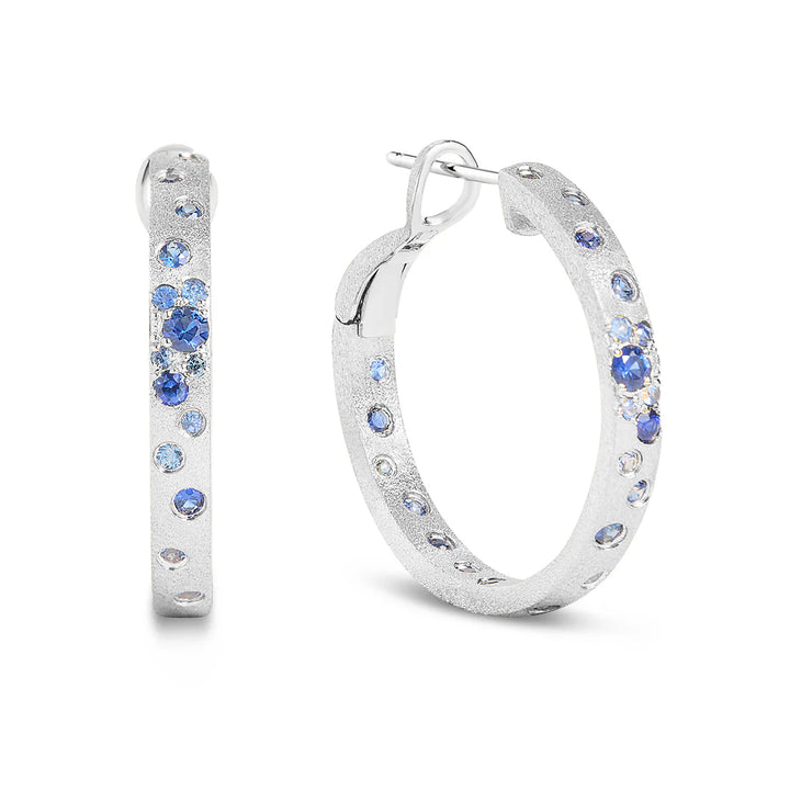 Blue Sapphire & Diamond Wide Hoop Earrings | 14K White Gold | 1.15 ct Sapphire, 0.50 ctw Diamonds l AE70212MS-201W - Brownee Jewelers