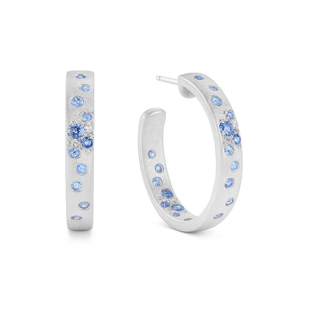 Blue Sapphire & Diamond Wide Hoop Earrings | 14K White Gold | 1.15 ct Sapphire, 0.50 ctw Diamonds l AE70212MS-201W - Brownee Jewelers