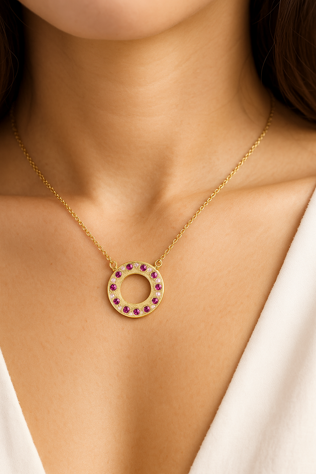 Ruby & Diamond Circle Pendant Necklace | 14K Yellow Gold | 0.25 ct Ruby, 0.04 ctw Diamonds l AN70117MT-900Y - Brownee Jewelers