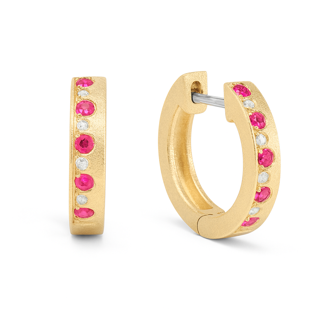 Ruby & Diamond Huggie Earrings | 14K Yellow Gold | 0.22 ct Ruby, 0.04 ctw Diamonds l AE83720R-201Y - Brownee Jewelers