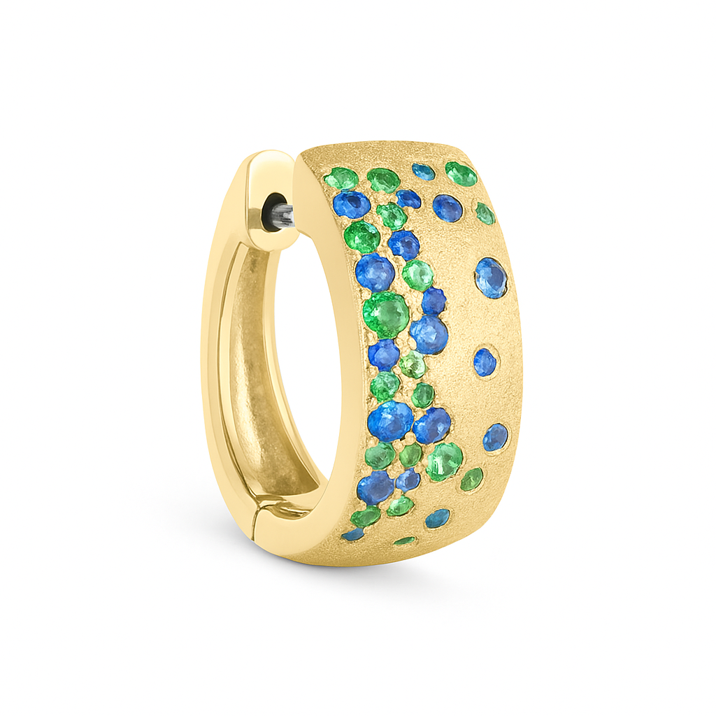 14kt yellow gold medium huggies with green and blue gems 