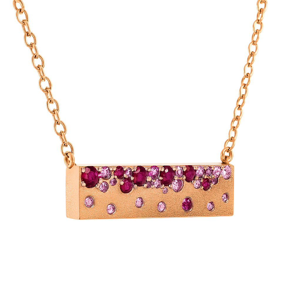 Dilamani 14kt pink sapphire and ruby confetti style bar necklace 