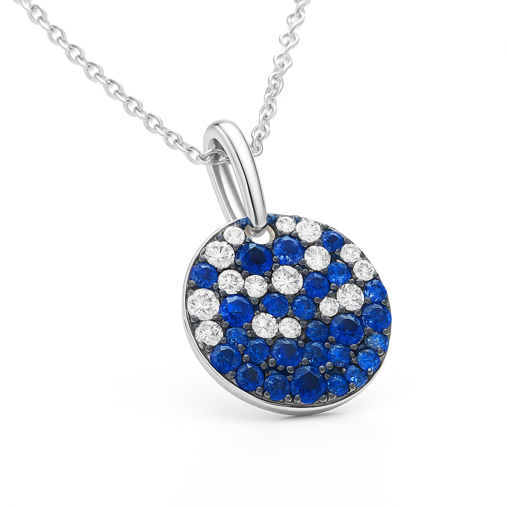 Blue Sapphire & Diamond Pavé Disc Pendant Necklace | 14K White Gold | 0.69 ct Sapphire, 0.36 ctw Diamonds l AP70210MS-200W - Brownee Jewelers