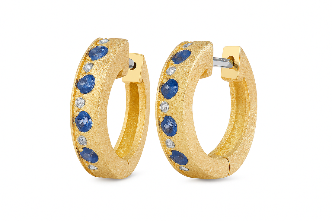 Sapphire & Diamond Huggie Earrings | 14K Yellow Gold | 0.24 ct Sapphire, 0.04 ctw Diamonds l AE83720S-201Y - Brownee Jewelers