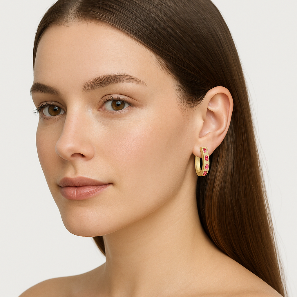 Ruby & Diamond Huggie Earrings | 14K Yellow Gold | 0.22 ct Ruby, 0.04 ctw Diamonds l AE83720R-201Y - Brownee Jewelers