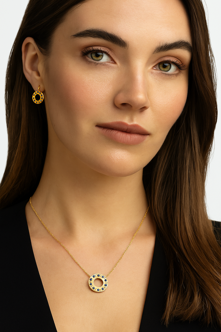Sapphire & Diamond Circle Pendant Necklace | 14K Yellow Gold | 0.26 ct Sapphire, 0.04 ctw Diamonds l AN83720S-201Y - Brownee Jewelers