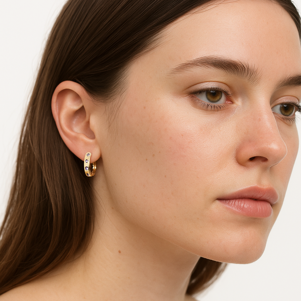 Sapphire & Diamond Huggie Earrings | 14K Yellow Gold | 0.24 ct Sapphire, 0.04 ctw Diamonds l AE83720S-201Y - Brownee Jewelers