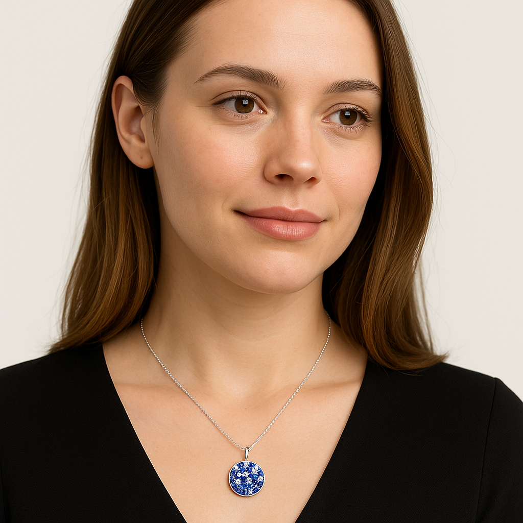 Blue Sapphire & Diamond Pavé Disc Pendant Necklace | 14K White Gold | 0.69 ct Sapphire, 0.36 ctw Diamonds l AP70210MS-200W - Brownee Jewelers