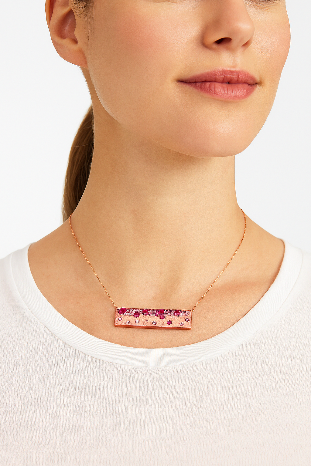 Dilamani 14kt pink sapphire and ruby confetti style bar necklace 