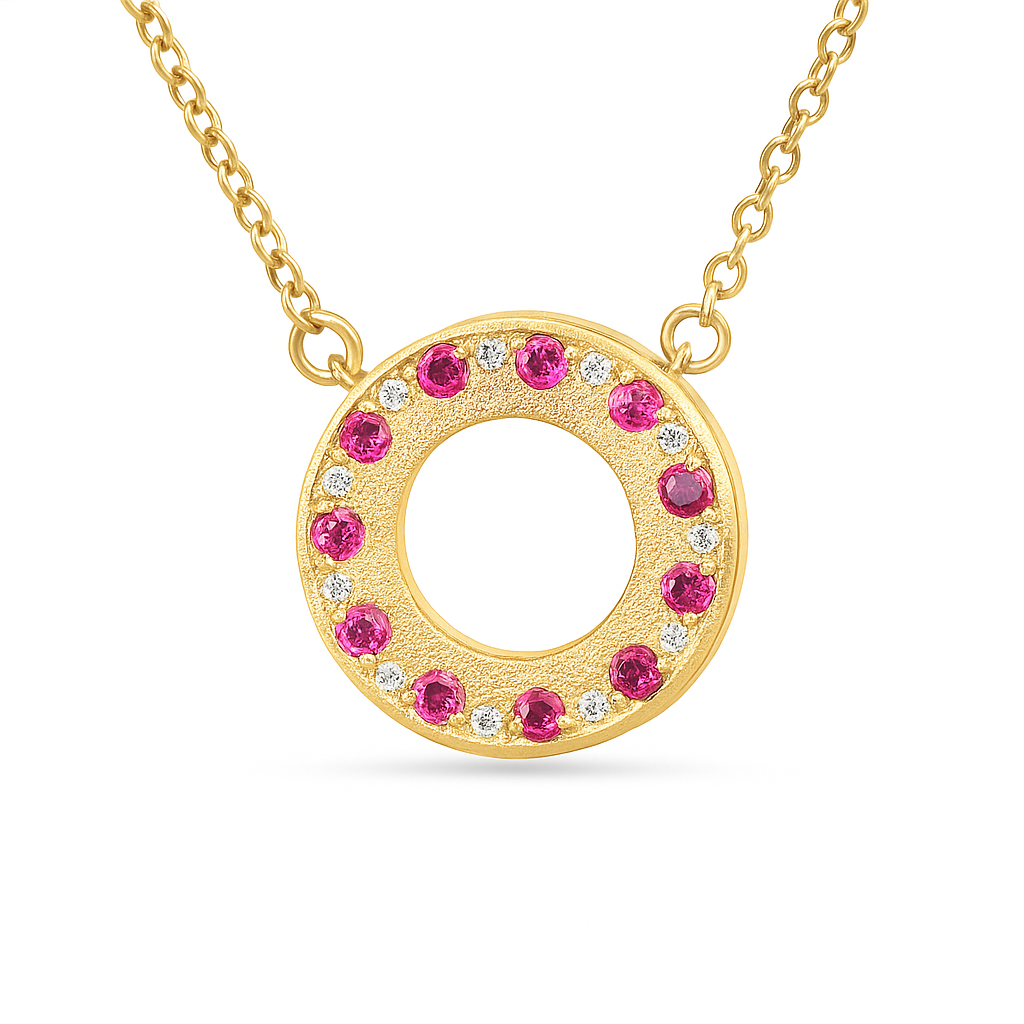Ruby & Diamond Circle Pendant Necklace | 14K Yellow Gold | 0.25 ct Ruby, 0.04 ctw Diamonds l AN70117MT-900Y - Brownee Jewelers