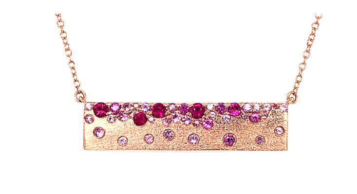 Dilamani 14kt pink sapphire and ruby confetti style bar necklace 