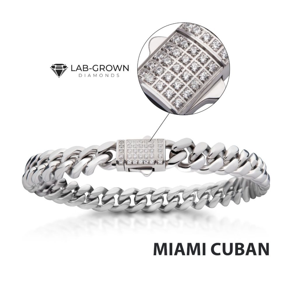 8mm Steel Miami Cuban Chain Bracelet with CNC Precision Set Lab-grown Diamonds Double Tab Box Clasp