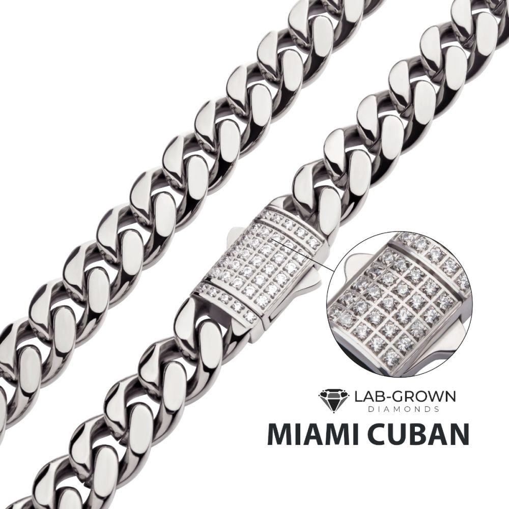 10mm Steel Miami Cuban Chain Necklace with CNC Precision Set Lab-grown Diamonds Double Tab Box Clasp