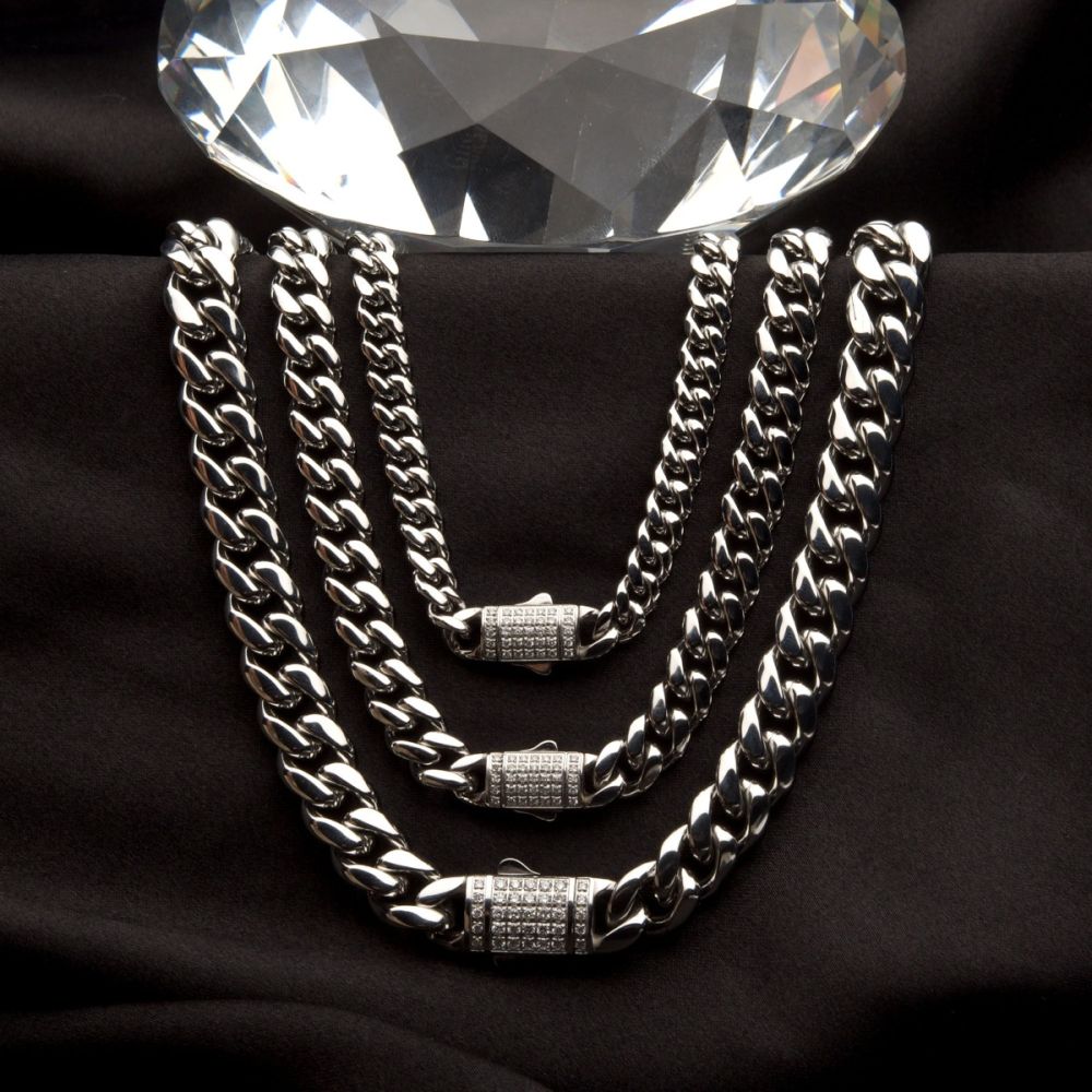 10mm Steel Miami Cuban Chain Necklace with CNC Precision Set Lab-grown Diamonds Double Tab Box Clasp