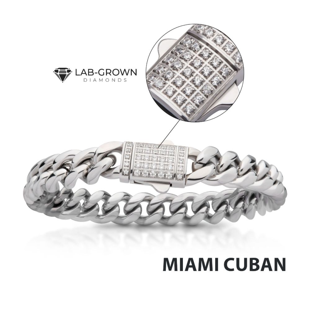 10mm Steel Miami Cuban Chain Bracelet with CNC Precision Set Lab-grown Diamonds Double Tab Box Clasp