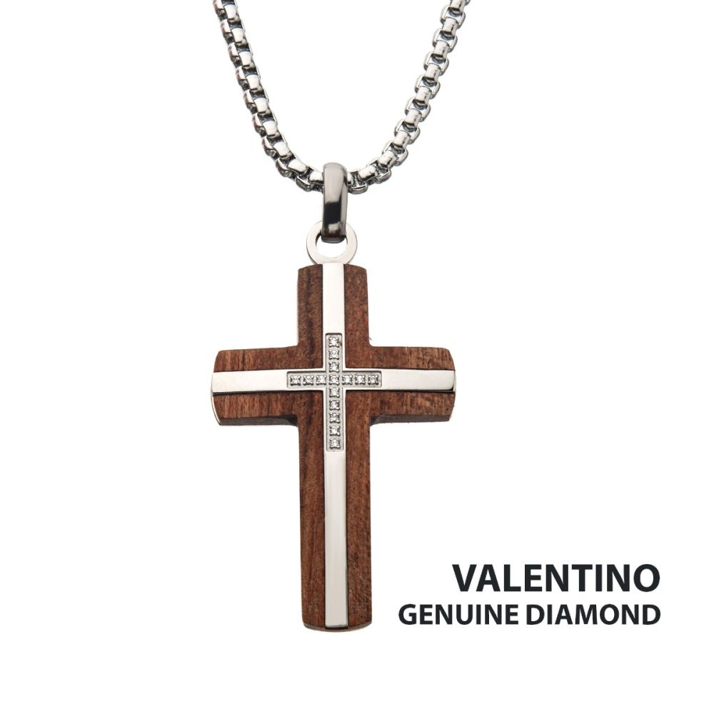 Bubinga Wood & Steel Cross Pendant with 15pcs 1mm Genuine Clear Diamonds