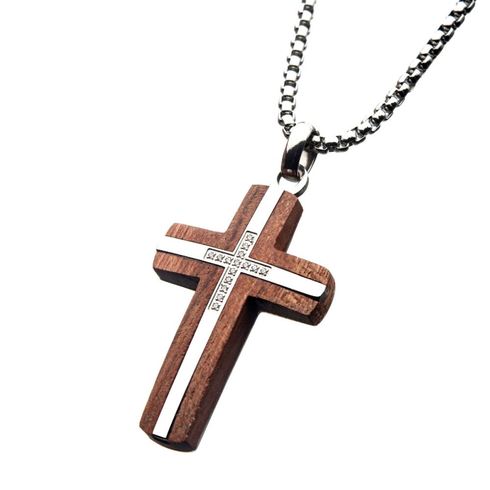 Bubinga Wood & Steel Cross Pendant with 15pcs 1mm Genuine Clear Diamonds