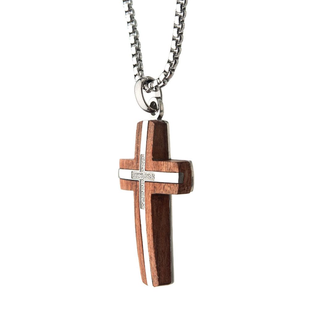 Bubinga Wood & Steel Cross Pendant with 15pcs 1mm Genuine Clear Diamonds